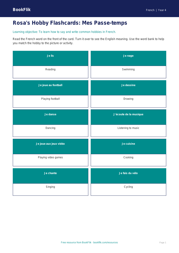 Free Hobbies Flashcards | Year 4 Supported | BookFlik worksheet preview — French Hobbies