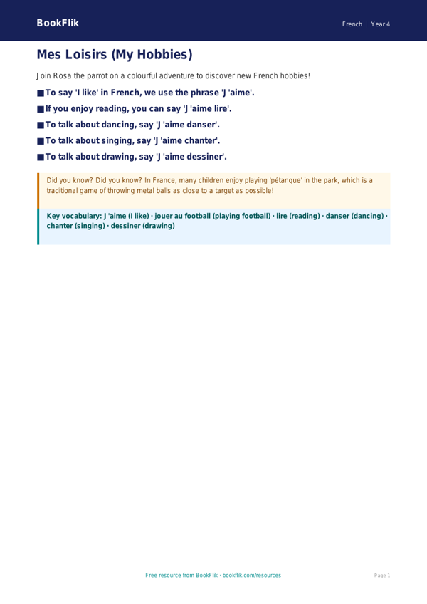 Free Hobbies Poster | Year 4 Supported | BookFlik worksheet preview — French Hobbies