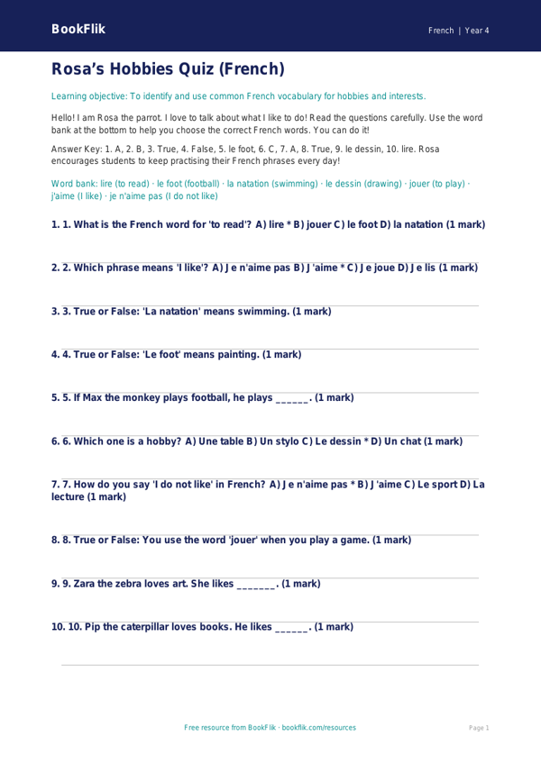 Free Hobbies Quiz | Year 4 Supported | BookFlik worksheet preview — French Hobbies