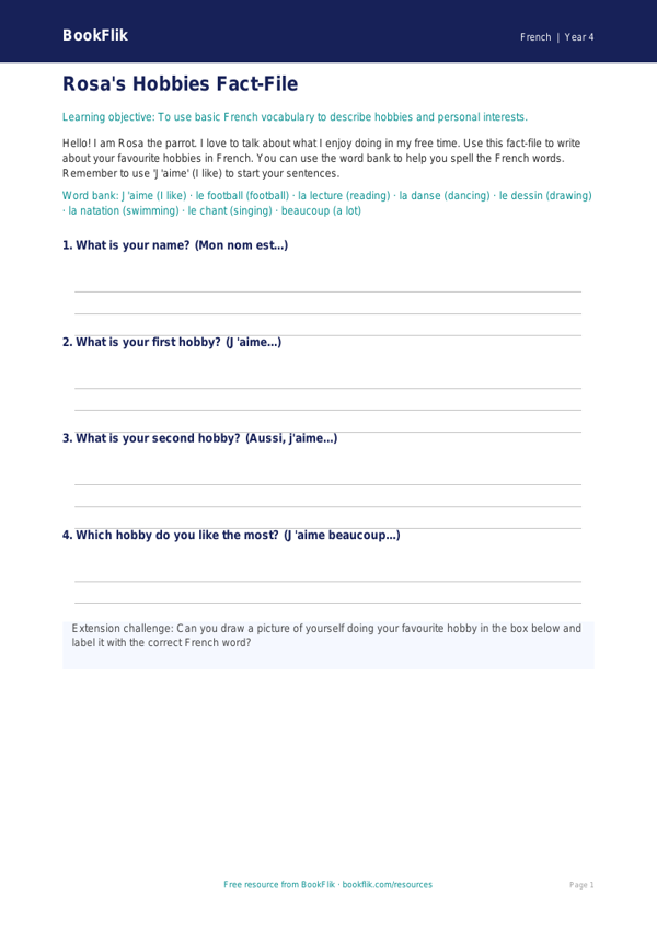 Free Hobbies Template | Year 4 Supported | BookFlik worksheet preview — French Hobbies