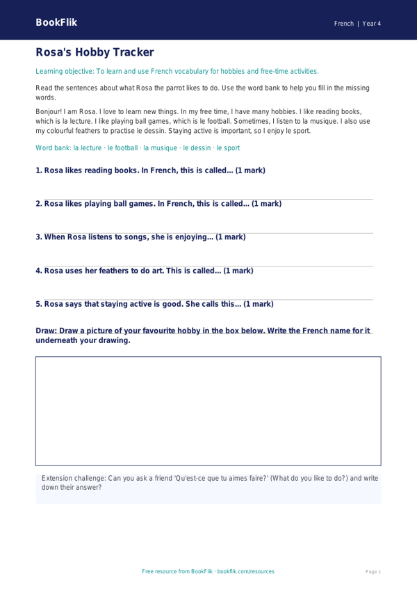 Free Hobbies Track Sheet | Year 4 Supported | BookFlik worksheet preview — French Hobbies