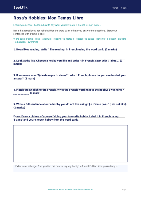 Free Hobbies Worksheet | Year 4 Supported | BookFlik worksheet preview — French Hobbies