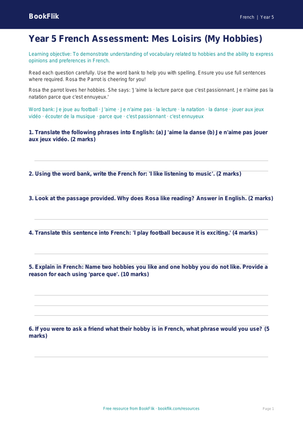 Free Hobbies Assessment | Year 5 Core | BookFlik worksheet preview — French Hobbies