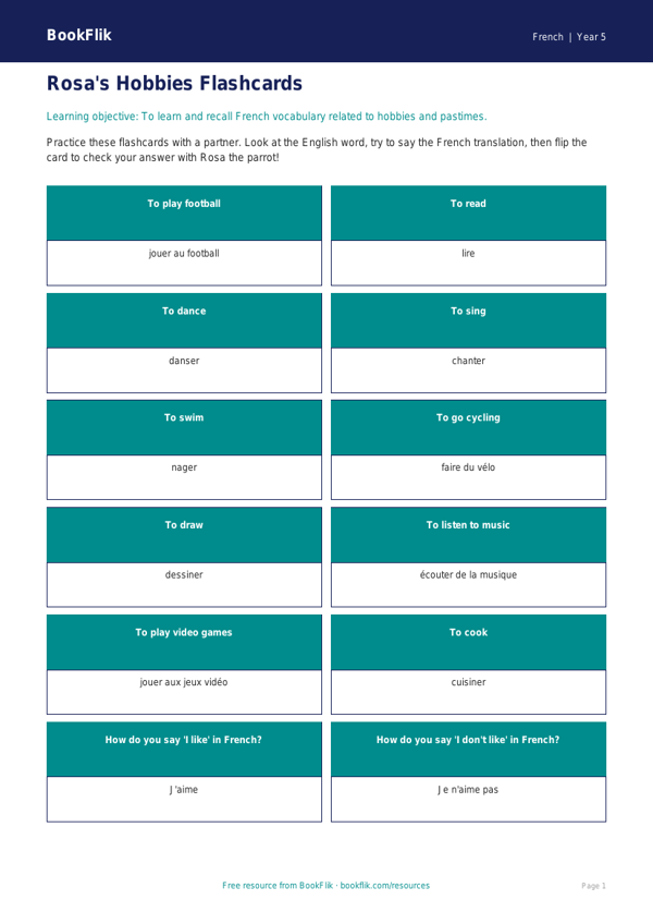 Free Hobbies Flashcards | Year 5 Core | BookFlik worksheet preview — French Hobbies
