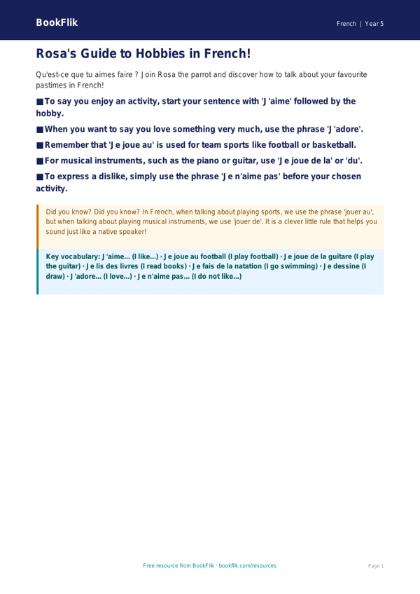 Free Hobbies Poster | Year 5 Core | BookFlik worksheet preview — French Hobbies