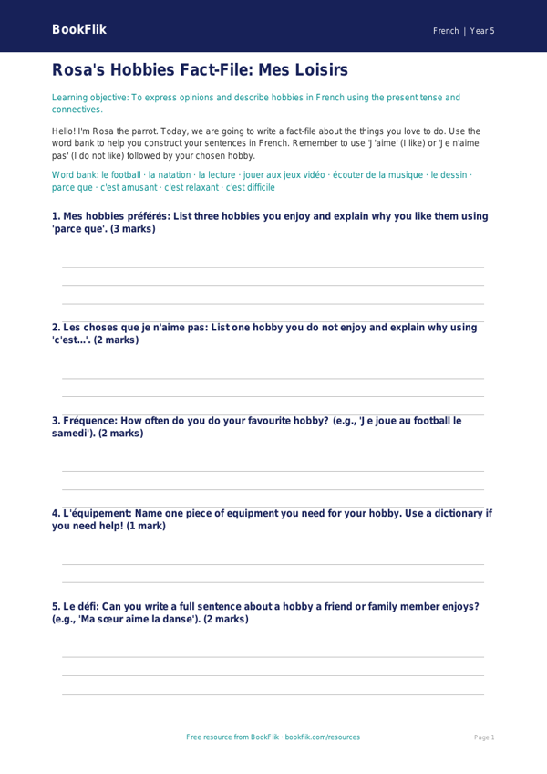 Free Hobbies Template | Year 5 Core | BookFlik worksheet preview — French Hobbies