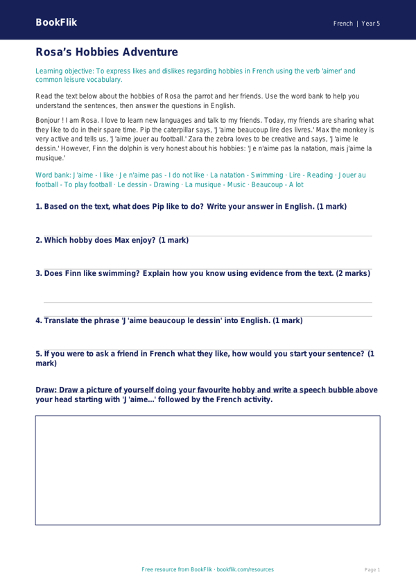 Free Hobbies Track Sheet | Year 5 Core | BookFlik worksheet preview — French Hobbies
