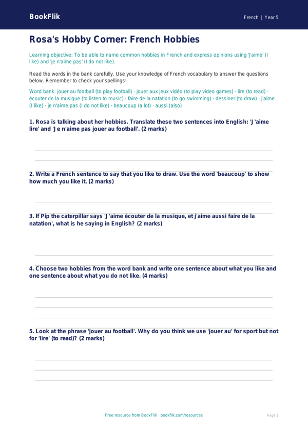 Free Hobbies Worksheet | Year 5 Core | BookFlik worksheet preview — French Hobbies