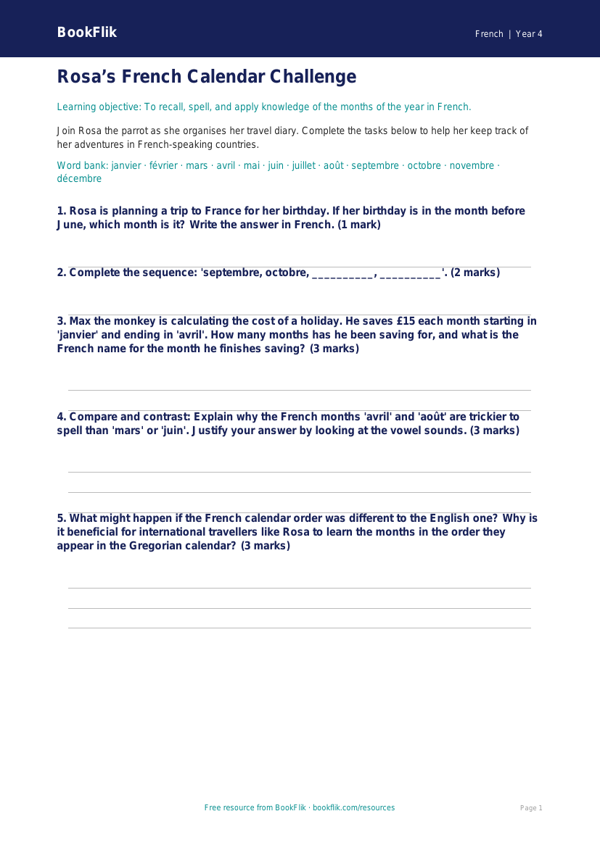 Free Months Of The Year Worksheet | Year 4 Greater Depth | BookFlik worksheet preview — French Months Of The Year