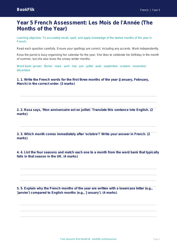 Free Months Of The Year Assessment | Year 5 Core | BookFlik worksheet preview — French Months Of The Year