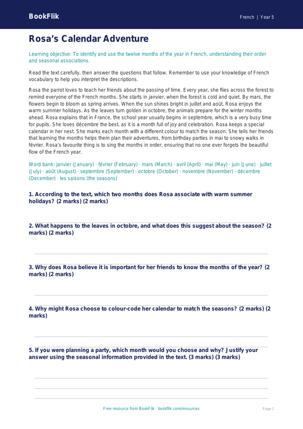 Free Months Of The Year Comprehension | Year 5 Core | BookFlik worksheet preview — French Months Of The Year