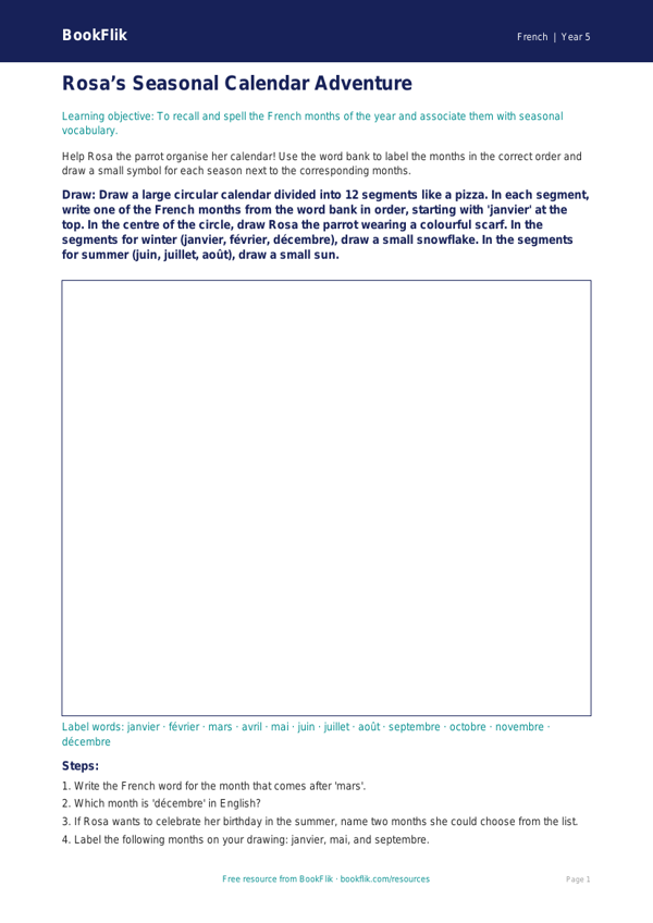 Free Months Of The Year Drawing Sheet | Year 5 Core | BookFlik worksheet preview — French Months Of The Year