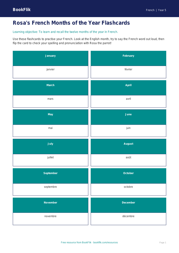 Free Months Of The Year Flashcards | Year 5 Core | BookFlik worksheet preview — French Months Of The Year