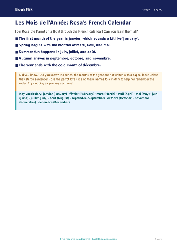 Free Months Of The Year Poster | Year 5 Core | BookFlik worksheet preview — French Months Of The Year