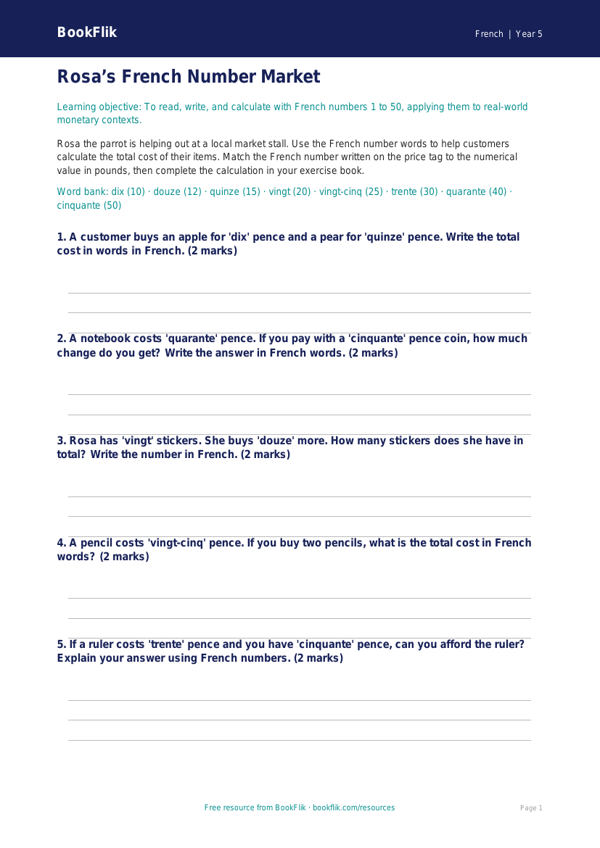 Free Numbers Activity Sheet | Year 5 Core | BookFlik worksheet preview — French Numbers