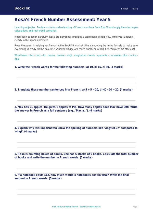 Free Numbers Assessment | Year 5 Core | BookFlik worksheet preview — French Numbers