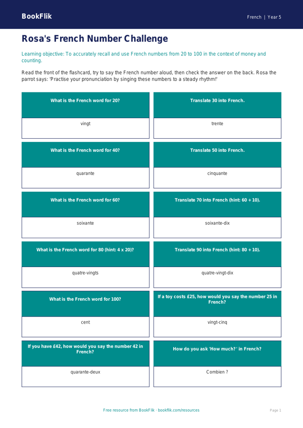 Free Numbers Flashcards | Year 5 Core | BookFlik worksheet preview — French Numbers
