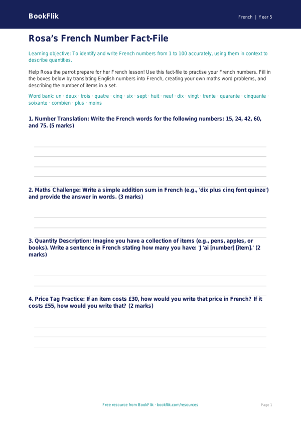 Free Numbers Template | Year 5 Core | BookFlik worksheet preview — French Numbers