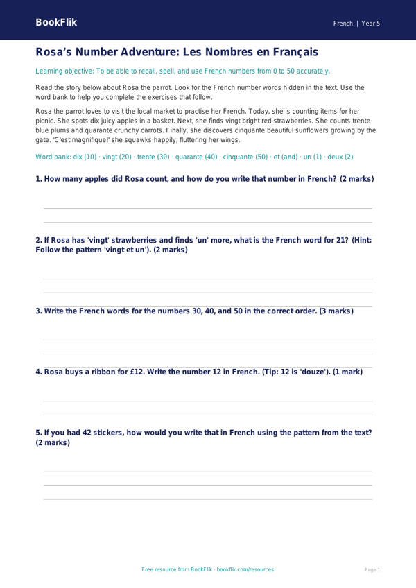 Free Numbers Track Sheet | Year 5 Core | BookFlik worksheet preview — French Numbers