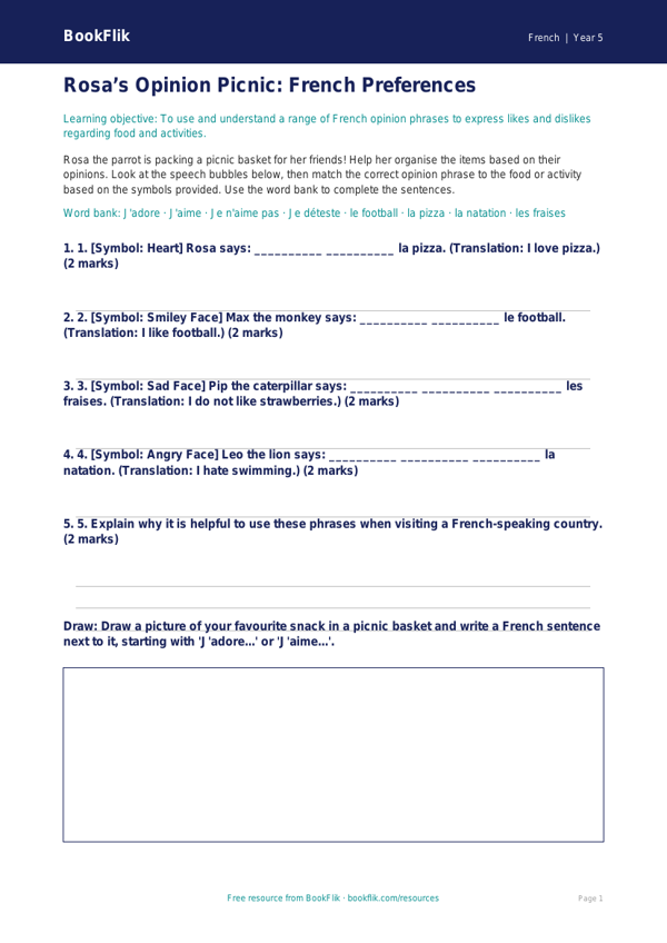 Free Opinion Phrases Activity Sheet | Year 5 Core | BookFlik worksheet preview — French Opinion Phrases