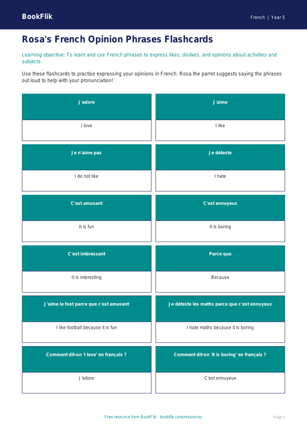 Free Opinion Phrases Flashcards | Year 5 Core | BookFlik worksheet preview — French Opinion Phrases
