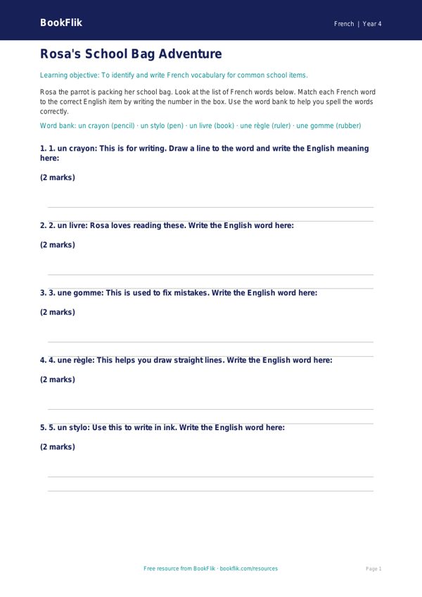 Free School Activity Sheet | Year 4 Supported | BookFlik worksheet preview — French School