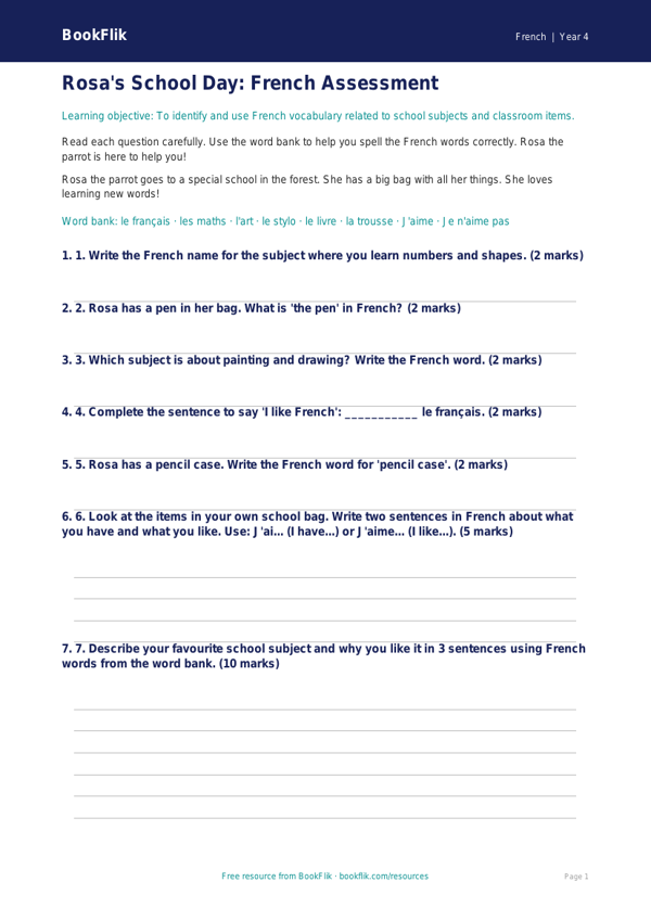Free School Assessment | Year 4 Supported | BookFlik worksheet preview — French School
