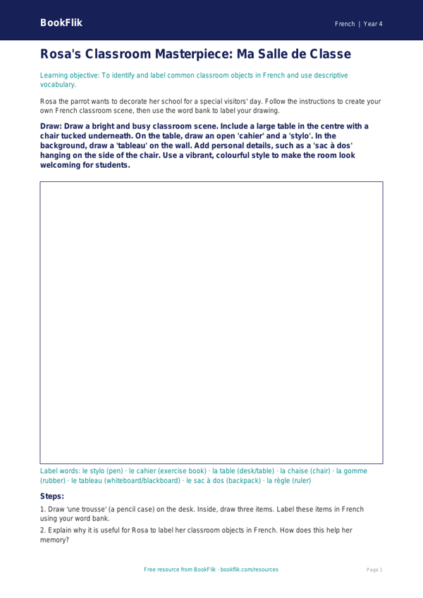 Free School Drawing Sheet | Year 4 Greater Depth | BookFlik worksheet preview — French School