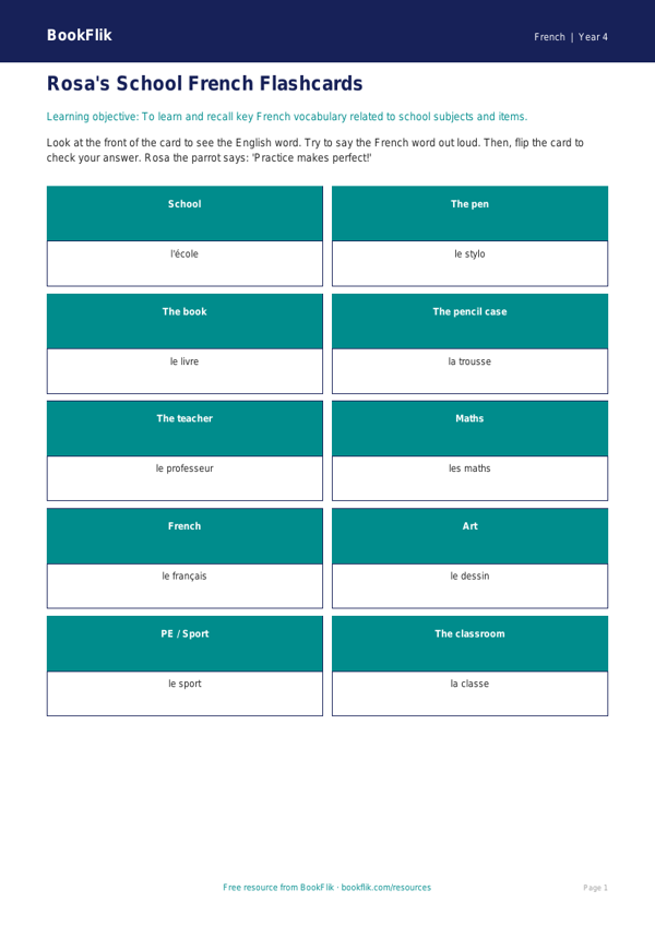 Free School Flashcards | Year 4 Supported | BookFlik worksheet preview — French School