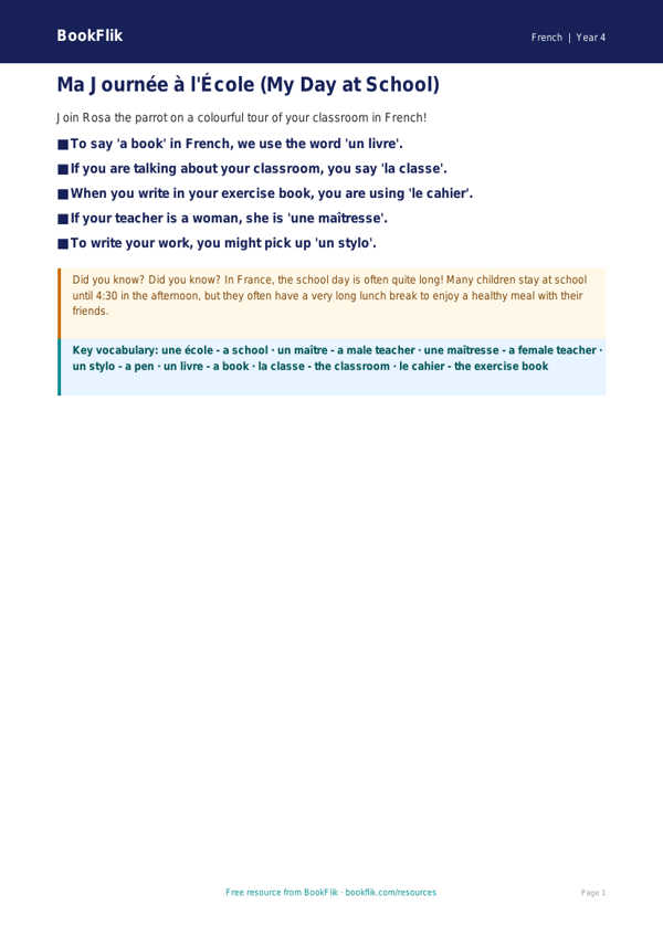 Free School Poster | Year 4 Supported | BookFlik worksheet preview — French School