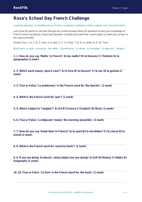 Free School Quiz | Year 4 Greater Depth | BookFlik worksheet preview — French School
