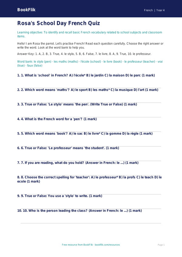Free Year 4 Educational Worksheet | Printable Quiz | BookFlik worksheet preview — French School