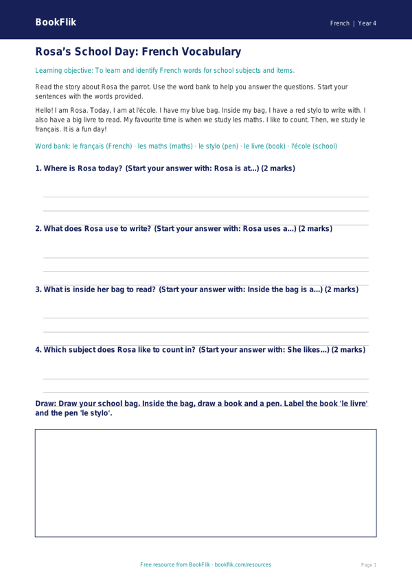 Free School Track Sheet | Year 4 Supported | BookFlik worksheet preview — French School