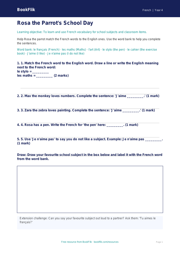 Free Year 4 Educational Worksheet | Printable PDF | BookFlik worksheet preview — French School
