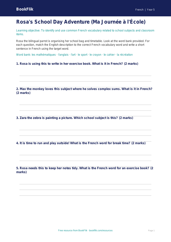 Free Year 5 Educational Worksheet | Core Curriculum | BookFlik worksheet preview — French School