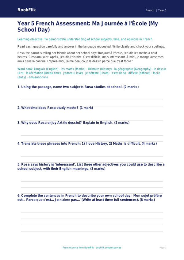 Free Year 5 Math Assessment Worksheet | Core Skills | BookFlik worksheet preview — French School