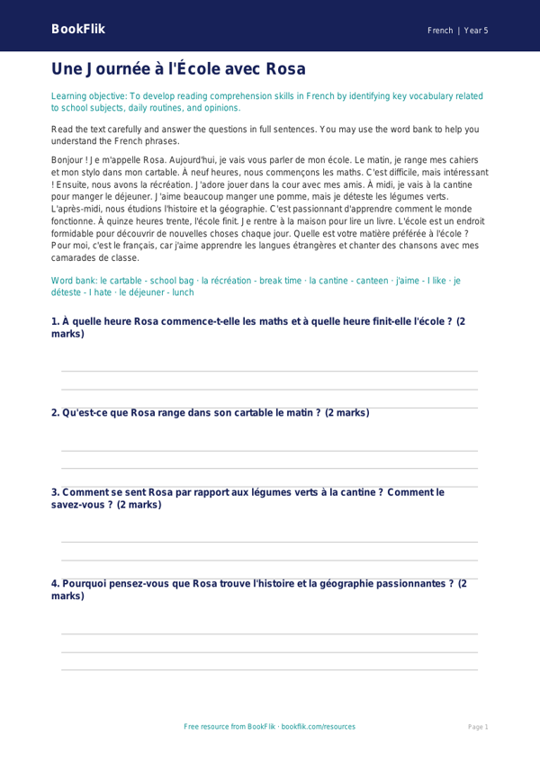Free Year 5 Reading Comprehension Worksheet | BookFlik worksheet preview — French School