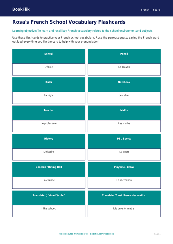 Free School Flashcards | Year 5 Core | BookFlik worksheet preview — French School