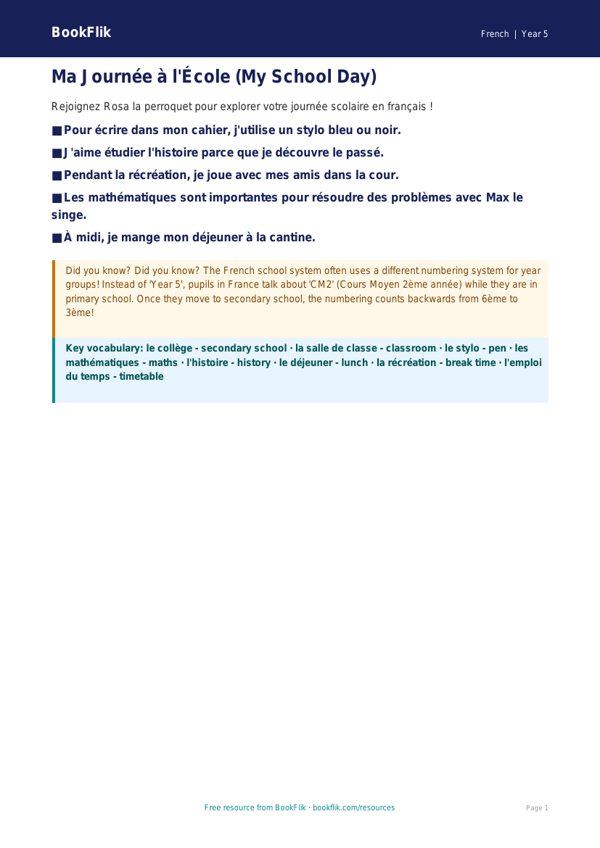 Free School Poster | Year 5 Core | BookFlik worksheet preview — French School