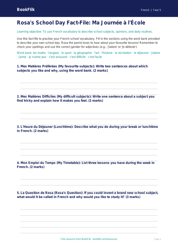 Free Year 5 Educational Worksheet | Core Curriculum | BookFlik worksheet preview — French School
