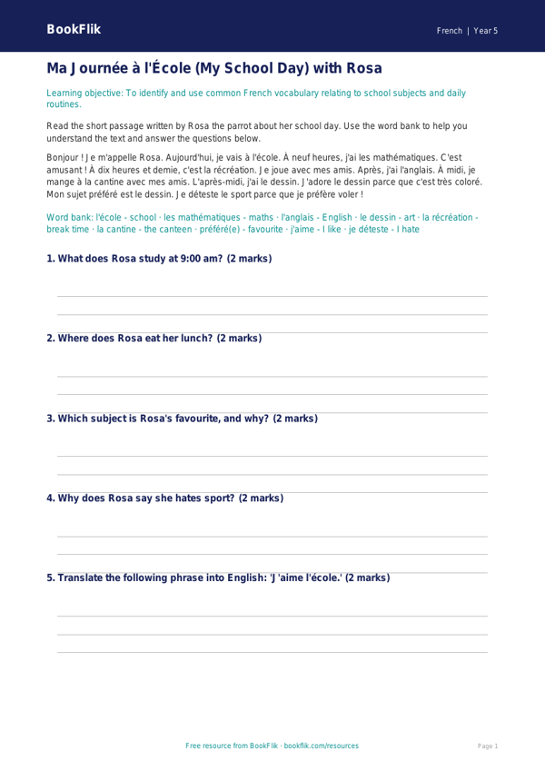 Free School Track Sheet | Year 5 Core | BookFlik worksheet preview — French School