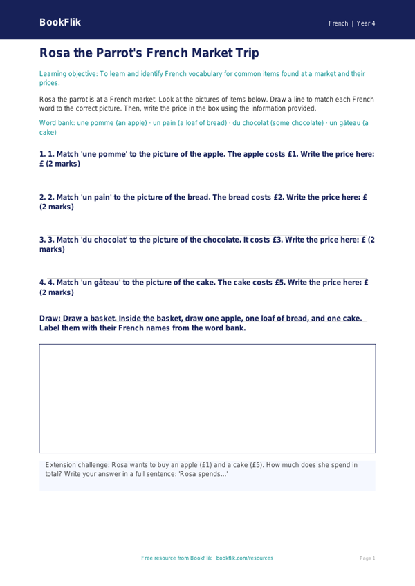 Free Shopping Activity Sheet | Year 4 Supported | BookFlik worksheet preview — French Shopping