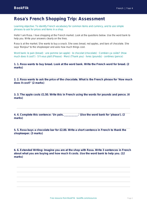 Free Shopping Assessment | Year 4 Supported | BookFlik worksheet preview — French Shopping
