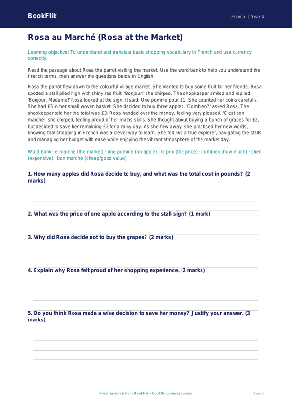 Free Shopping Comprehension | Year 4 Greater Depth | BookFlik worksheet preview — French Shopping