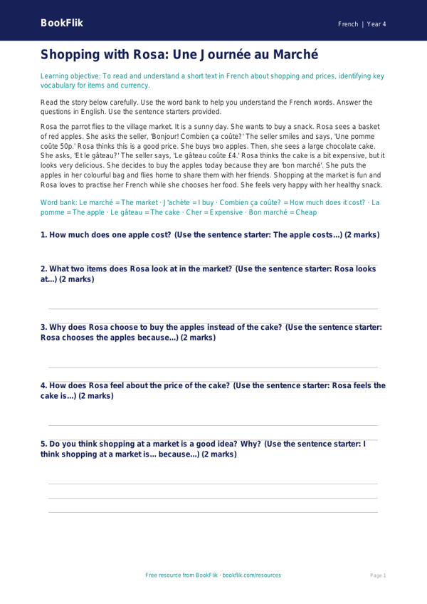 Free Shopping Comprehension | Year 4 Supported | BookFlik worksheet preview — French Shopping