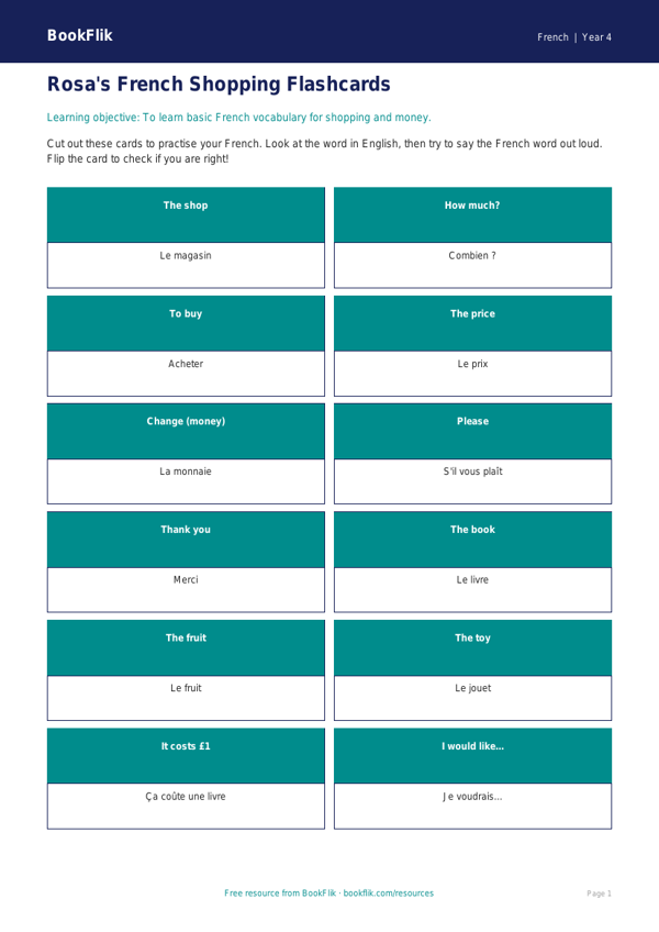Free Shopping Flashcards | Year 4 Supported | BookFlik worksheet preview — French Shopping