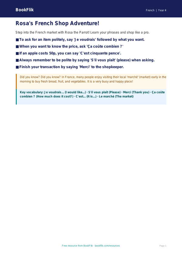 Free Shopping Poster | Year 4 Supported | BookFlik worksheet preview — French Shopping