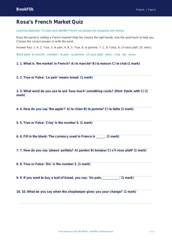 Free Shopping Quiz | Year 4 Supported | BookFlik worksheet preview — French Shopping