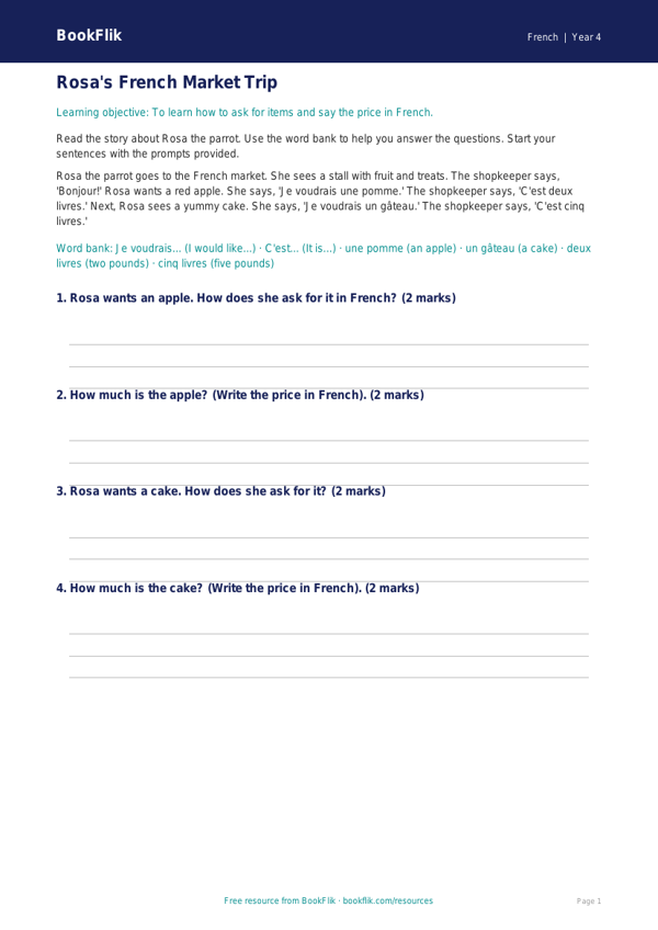 Free Shopping Track Sheet | Year 4 Supported | BookFlik worksheet preview — French Shopping
