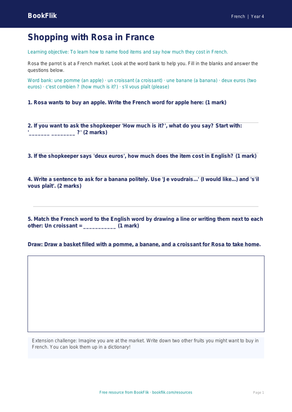 Free Shopping Worksheet | Year 4 Supported | BookFlik worksheet preview — French Shopping